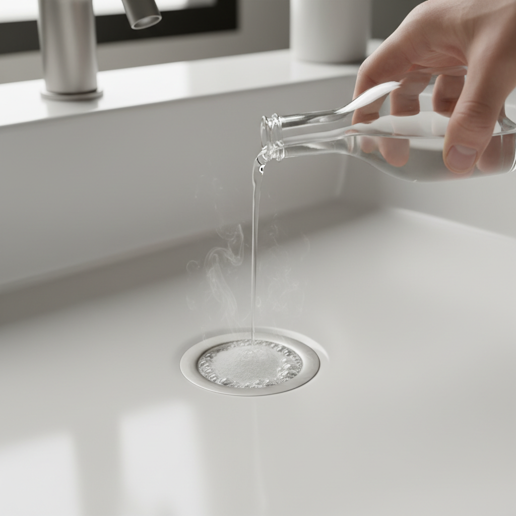 Hand pouring white vinegar into a bubbling bathroom sink drain after adding baking soda to eliminate odors.
