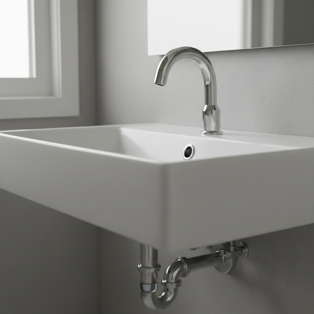 Gleaming bathroom sink drain with a clean P-trap visible beneath, illustrating proper plumbing function.