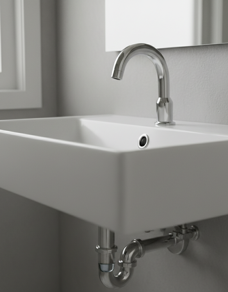 Gleaming bathroom sink drain with a clean P-trap visible beneath, illustrating proper plumbing function.