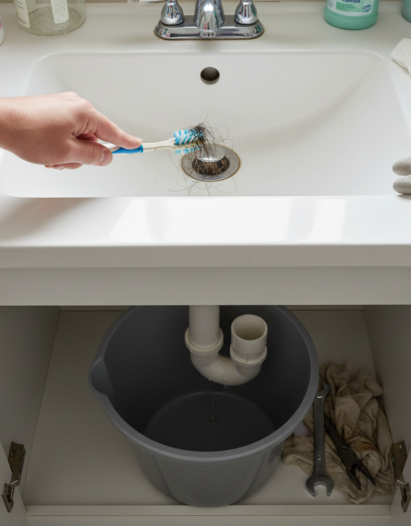 Homeowner cleaning a bathroom sink drain, with a bucket below the P-trap