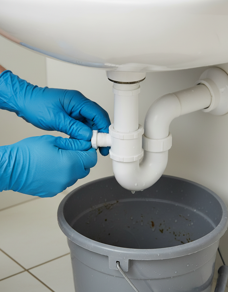Homeowner in gloves disconnecting a dirty P-trap under a bathroom sink to fix a bad smell.