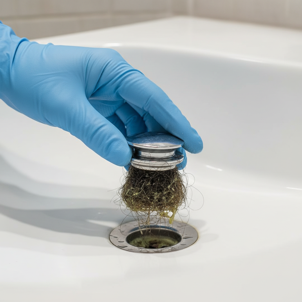 Hand in rubber glove removing a pop-up stopper from a clean bathroom sink drain, revealing grime and hair.