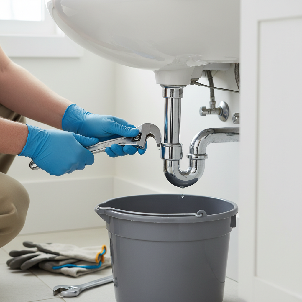 Homeowner removing a P-trap under a bathroom sink to clean it and eliminate drain odor
