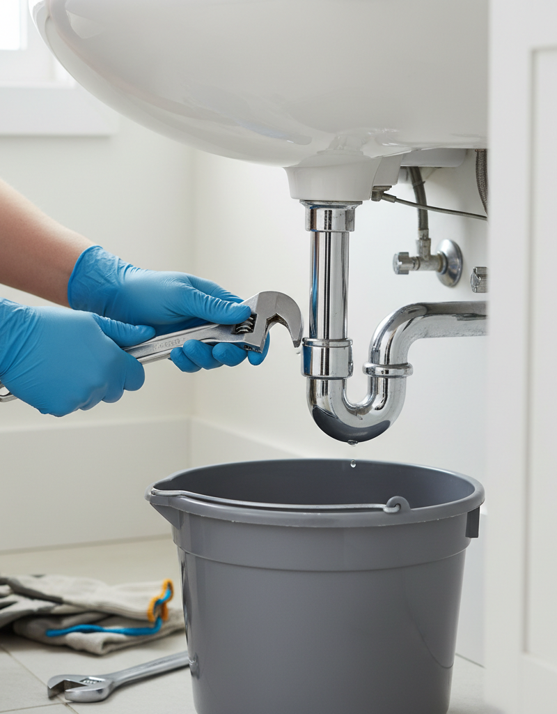 Homeowner removing a P-trap under a bathroom sink to clean it and eliminate drain odor