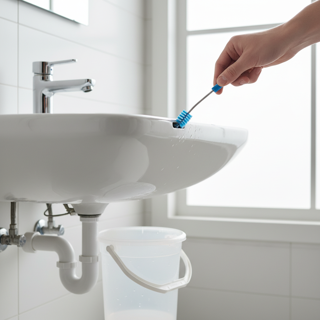 Homeowner cleaning a bathroom sink drain overflow with a small brush, with the P-trap visible underneath
