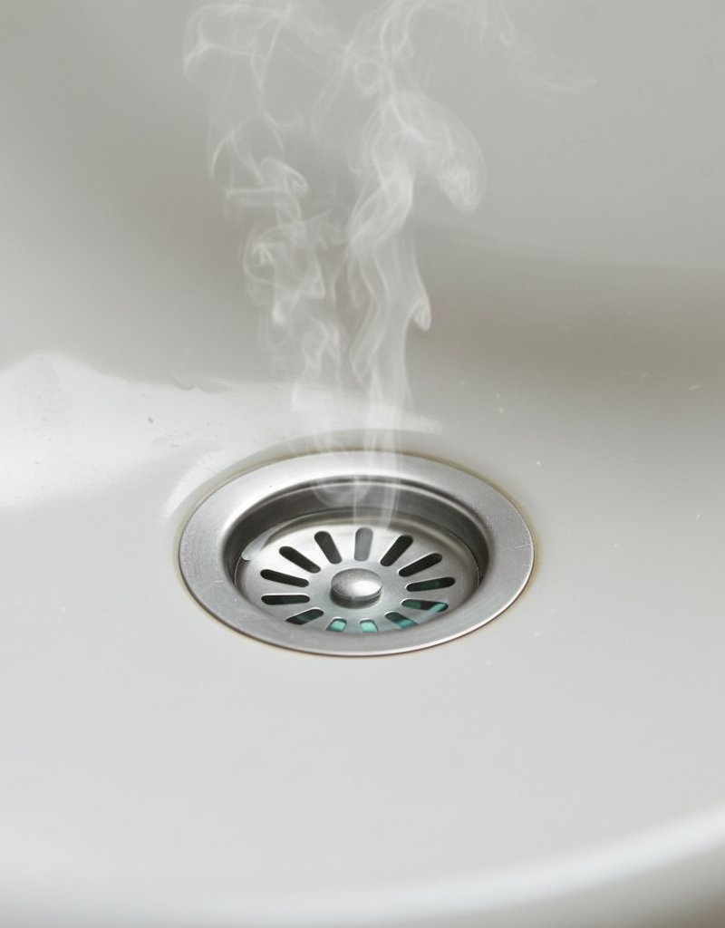 Clean bathroom sink drain with a hint of steam, representing successful odor removal.