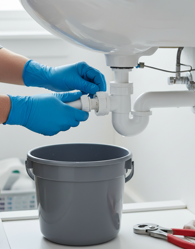 Homeowner cleaning a smelly bathroom sink drain by disconnecting and cleaning the P-trap with tools and a bucket.