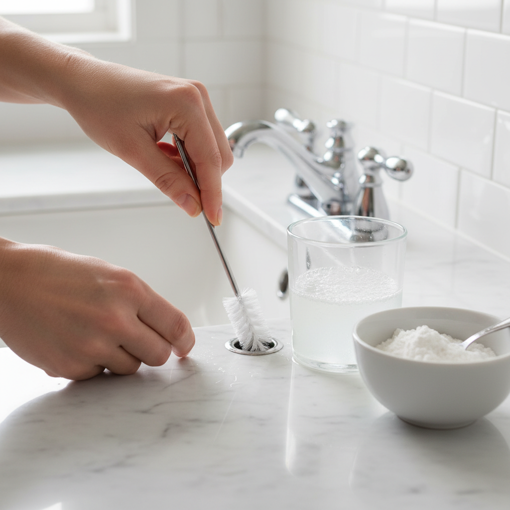 Person cleaning bathroom sink overflow hole with brush and vinegar
