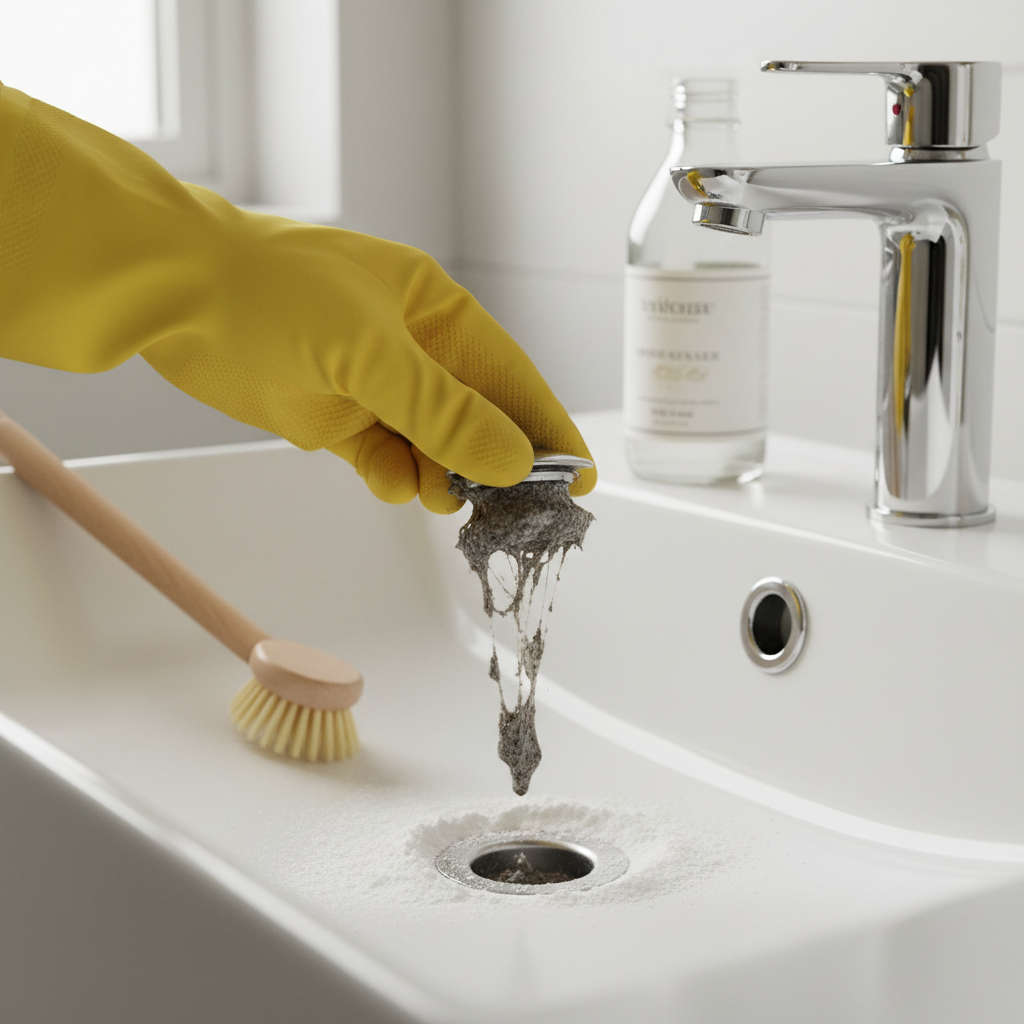Hand in glove pulling a gunk-covered pop-up stopper from a bathroom sink drain, with cleaning supplies visible.