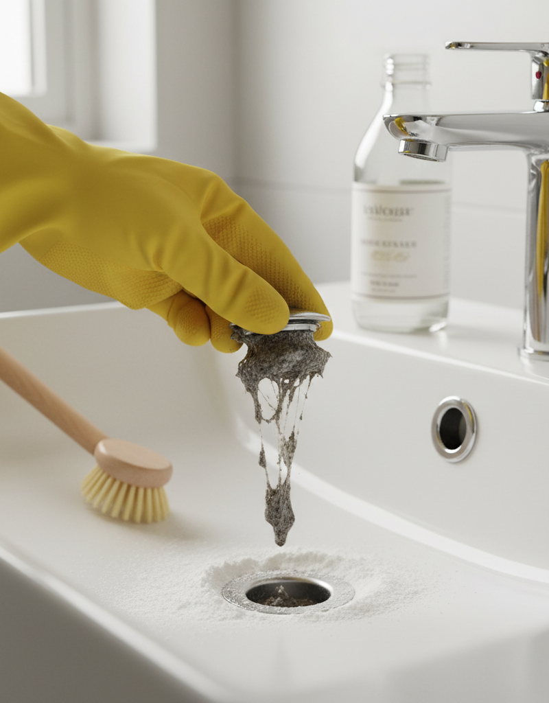 Hand in glove pulling a gunk-covered pop-up stopper from a bathroom sink drain, with cleaning supplies visible.