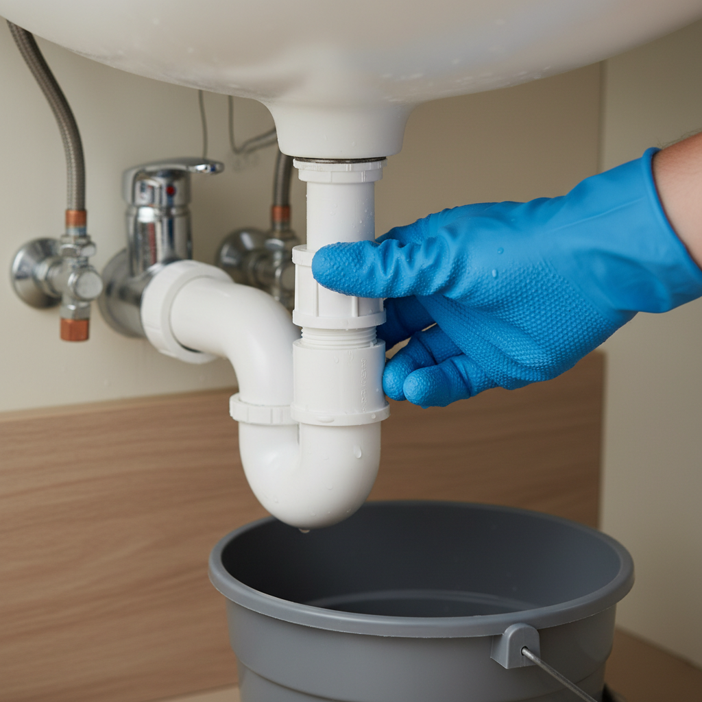 Person's hand cleaning a P-trap under a bathroom sink to remove blockages causing odors