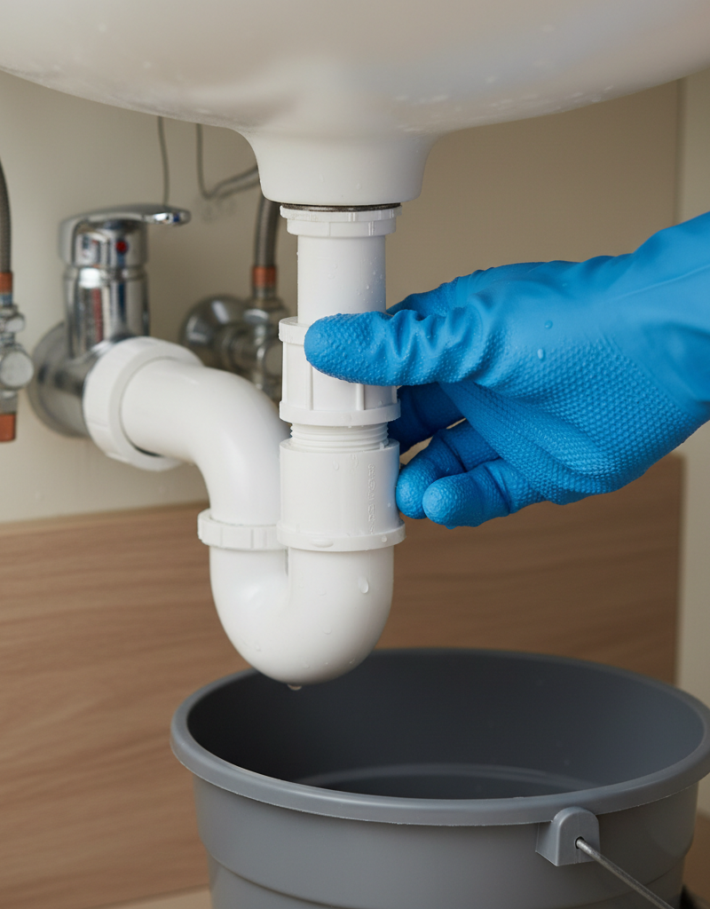 Person's hand cleaning a P-trap under a bathroom sink to remove blockages causing odors