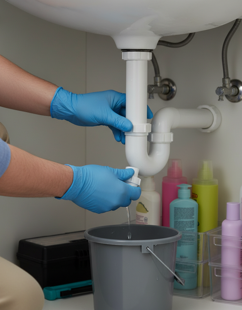 Homeowner unscrewing a P-trap under a bathroom sink to clean a smelly drain