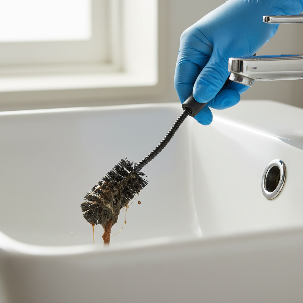 Person cleaning a bathroom sink overflow hole with a flexible drain brush, showing removed grime.