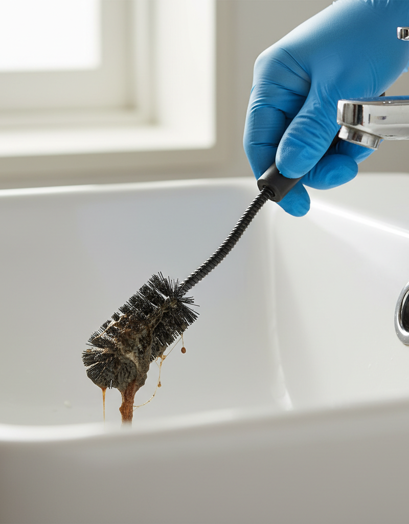Person cleaning a bathroom sink overflow hole with a flexible drain brush, showing removed grime.