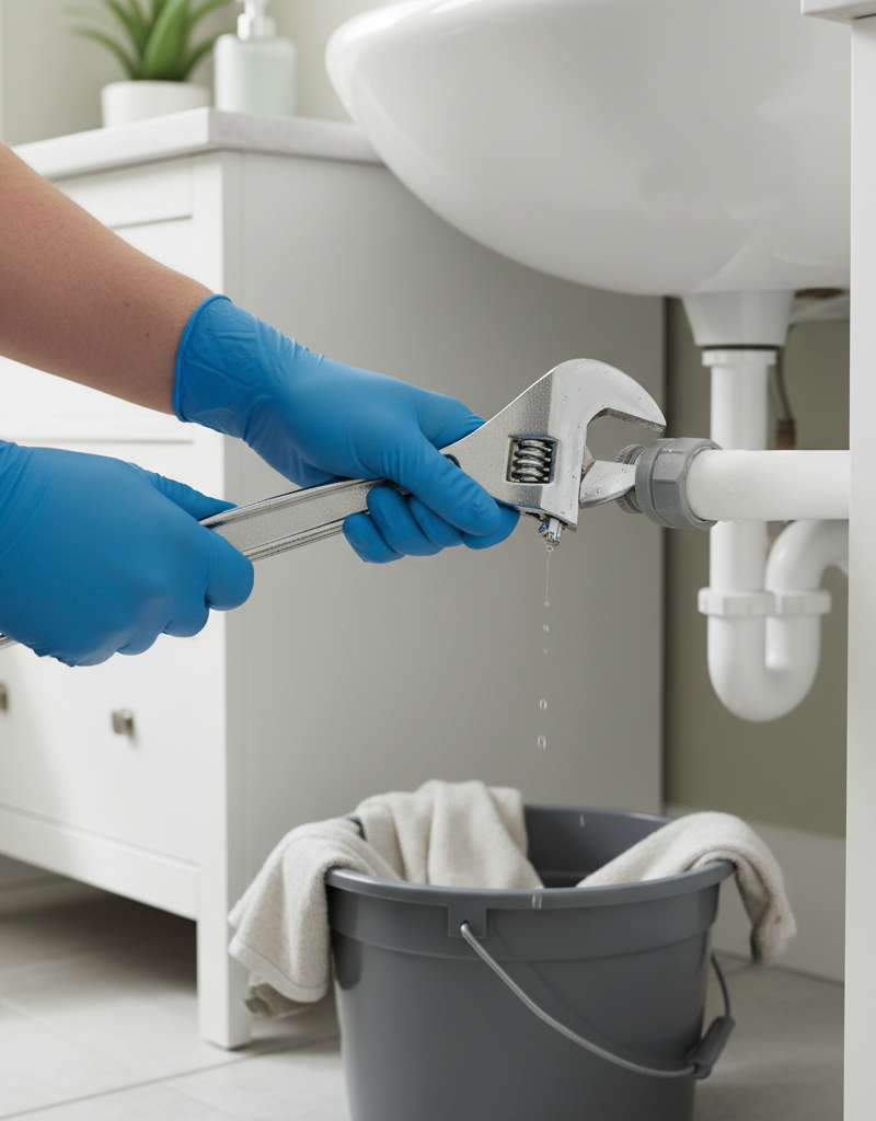 Homeowner using a wrench to loosen a P-trap under a bathroom sink to fix a bad drain smell