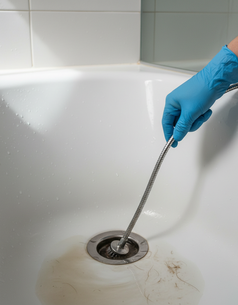 Homeowner's gloved hand inserting a drain snake into a clogged bathtub drain with standing dirty water.