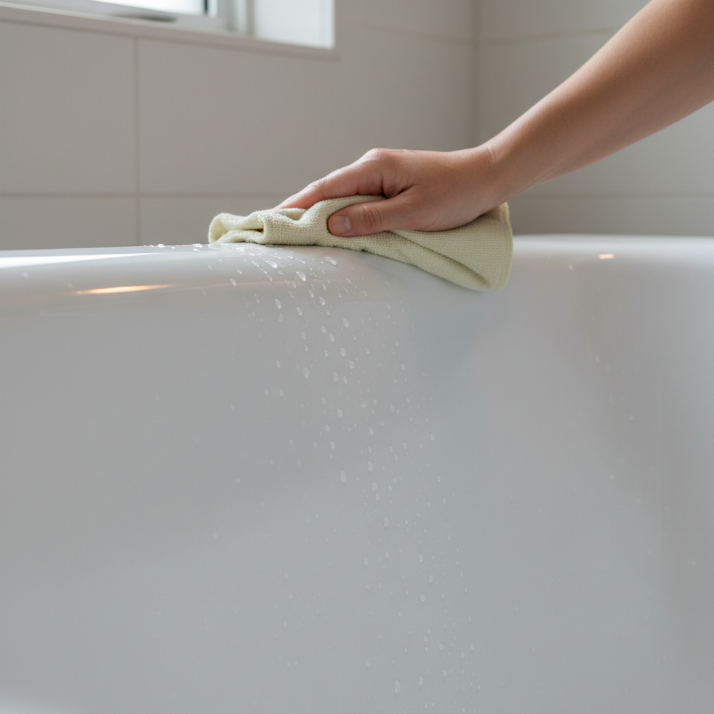 A homeowner wiping down a sparkling clean white bathtub, removing the last drops of water to reveal its restored shine.