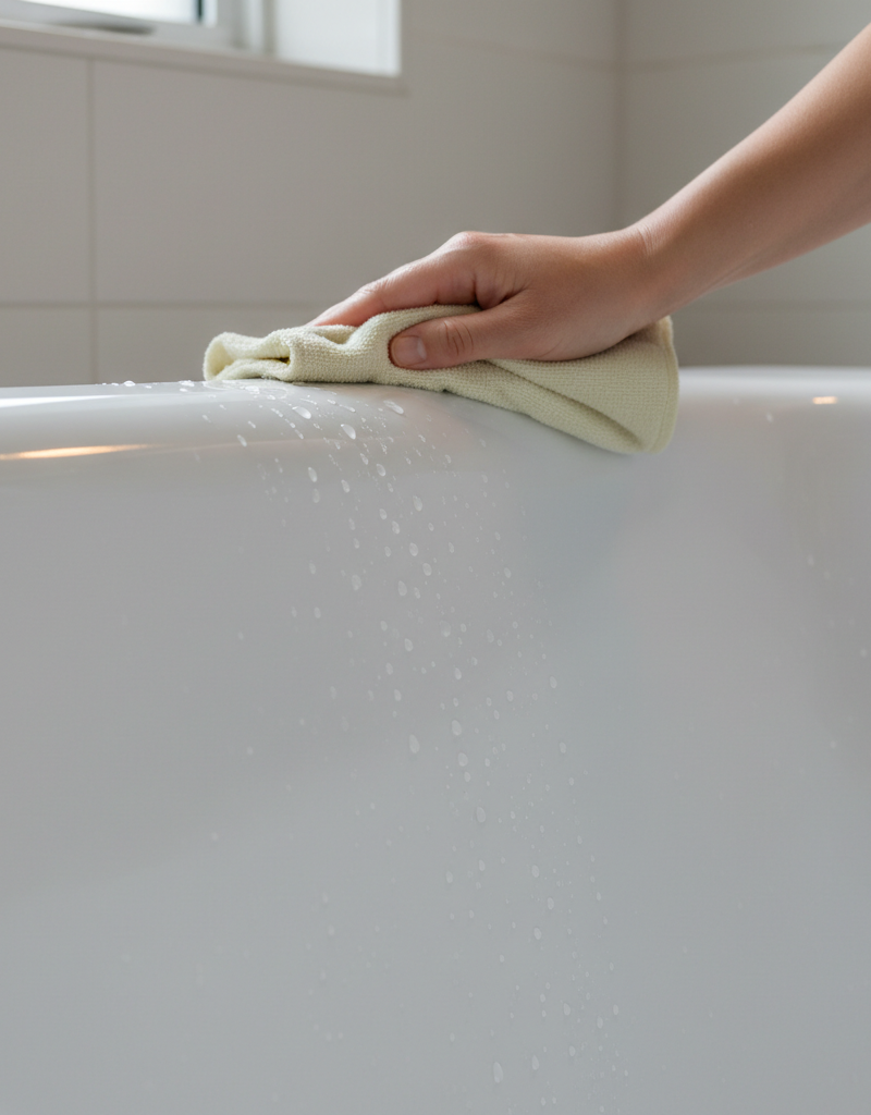 A homeowner wiping down a sparkling clean white bathtub, removing the last drops of water to reveal its restored shine.