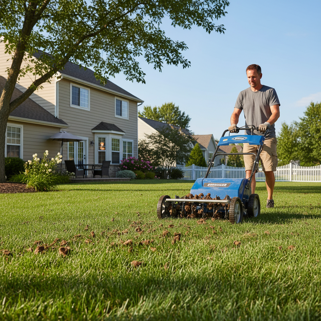 Homeowner using a core aerator on a green lawn, showing soil plugs