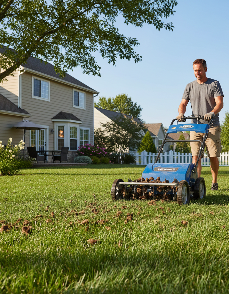 Homeowner using a core aerator on a green lawn, showing soil plugs