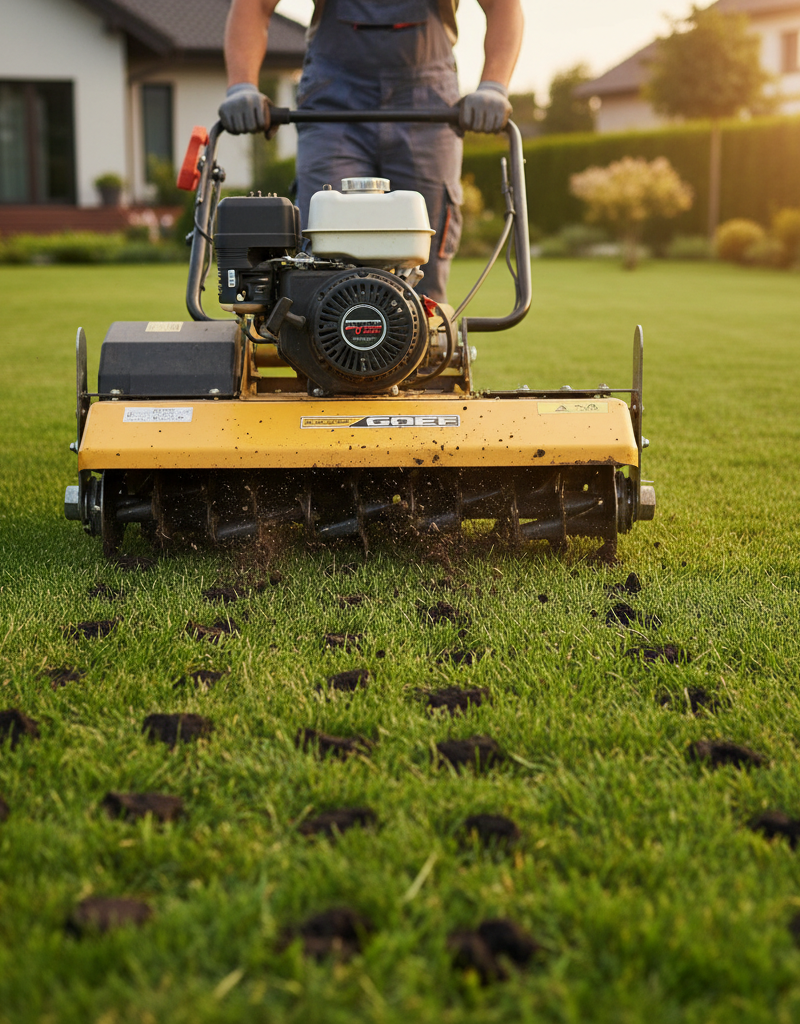Homeowner using a gas-powered core aerator to aerate a compacted lawn, with small soil plugs visible.