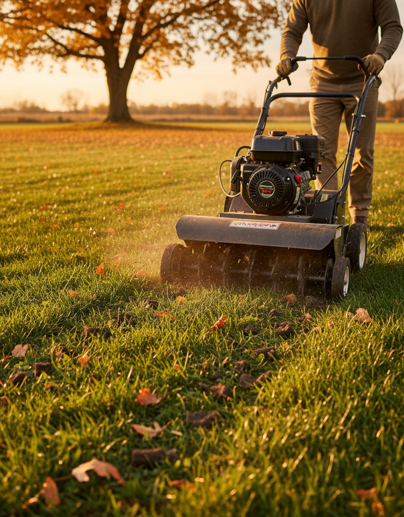 Homeowner using a core aerator on a lawn in the fall, showing removed soil plugs.