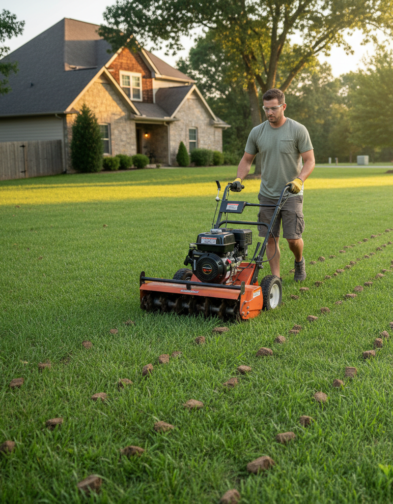 A homeowner using a gas-powered core aerator on a healthy green lawn with soil plugs visible, showing the process of aeration.