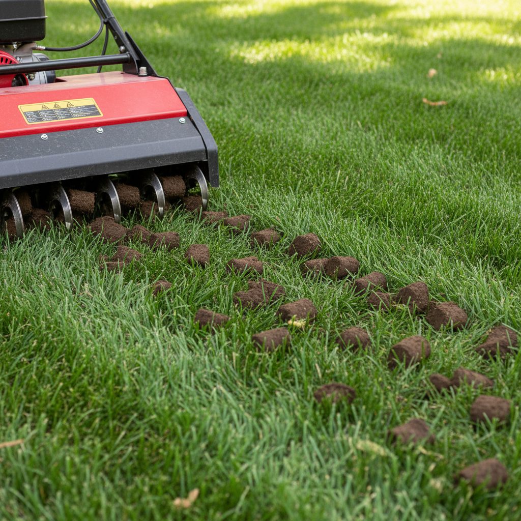 Core aerator machine pulling soil plugs from a residential lawn, demonstrating effective aeration.