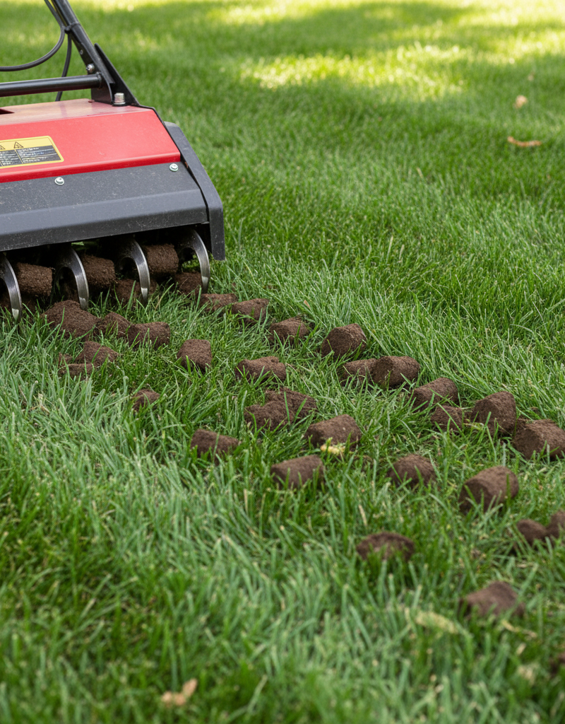 Core aerator machine pulling soil plugs from a residential lawn, demonstrating effective aeration.