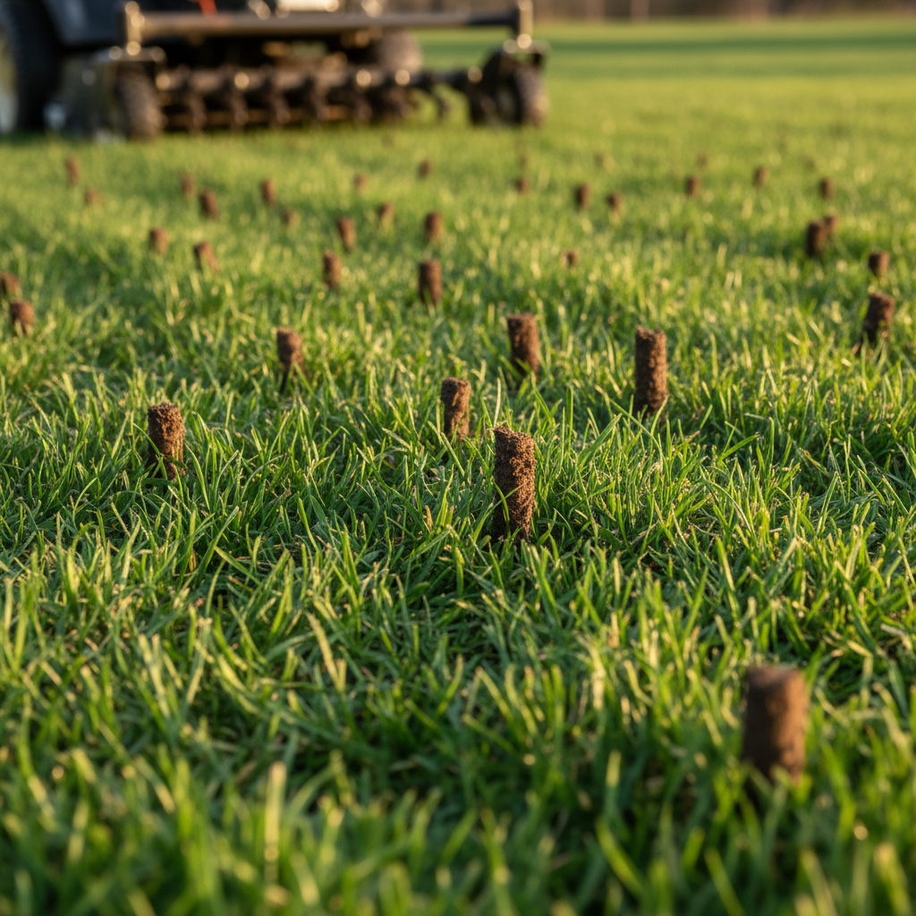 Freshly aerated lawn with small soil plugs on a sunny day