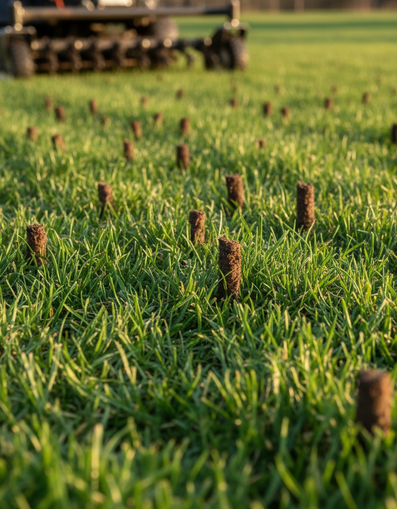 Freshly aerated lawn with small soil plugs on a sunny day