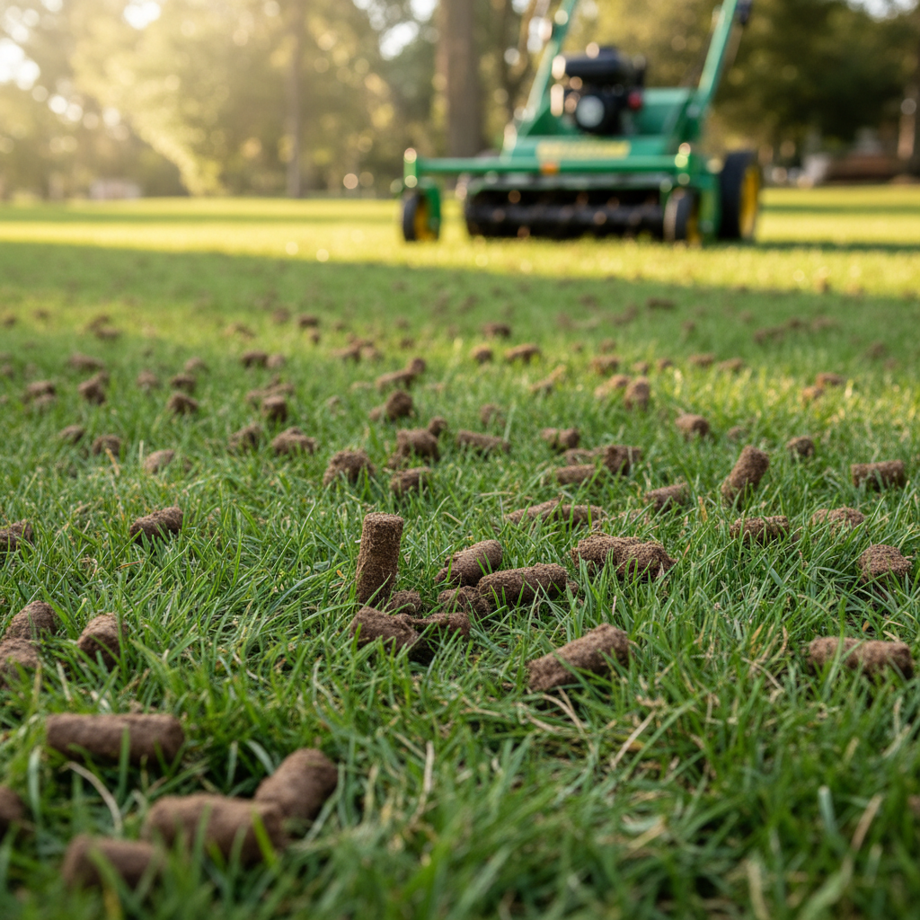 Newly aerated lawn with soil plugs visible on the green grass