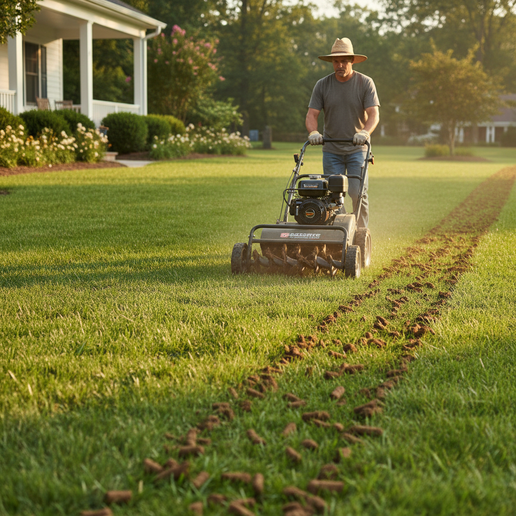 A homeowner using a walk-behind core aerator on a lawn, creating small soil plugs.