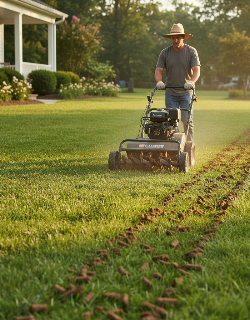 A homeowner using a walk-behind core aerator on a lawn, creating small soil plugs.
