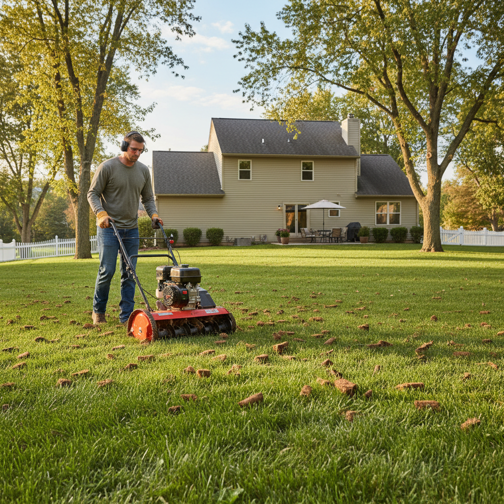 Homeowner operating a gas-powered core aerator creating holes in a green lawn.