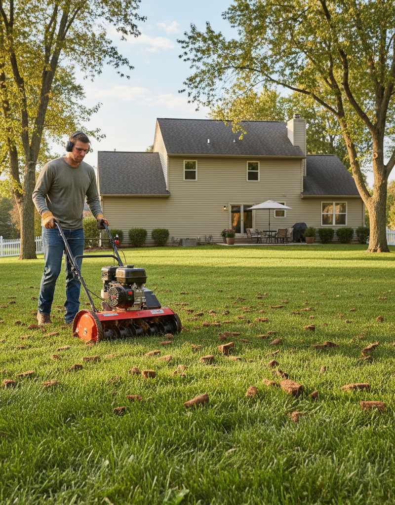 Homeowner operating a gas-powered core aerator creating holes in a green lawn.