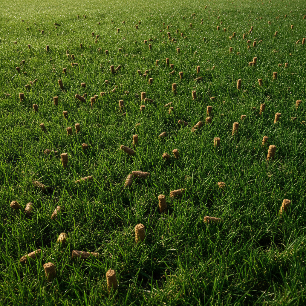 Freshly aerated lawn with small soil plugs on the surface, indicating recent core aeration.