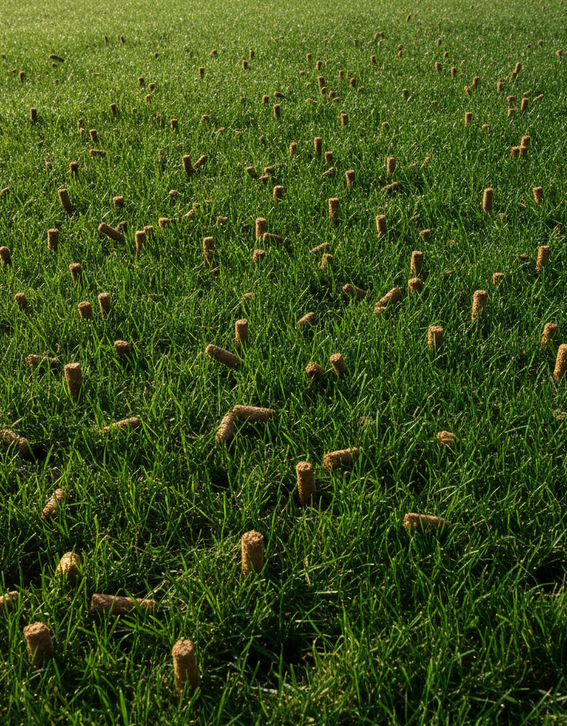 Freshly aerated lawn with small soil plugs on the surface, indicating recent core aeration.