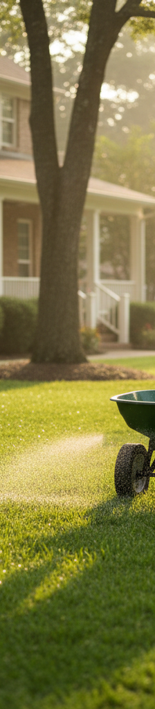 Homeowner using a broadcast spreader to fertilize a healthy green lawn in early morning light.