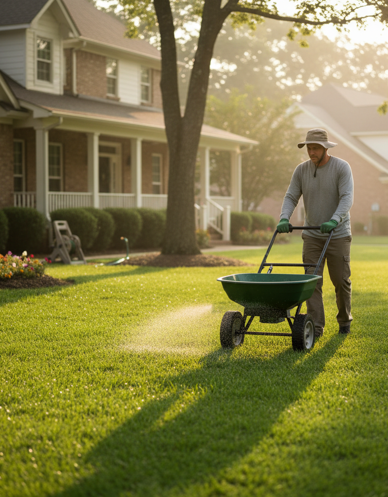Homeowner using a broadcast spreader to fertilize a healthy green lawn in early morning light.
