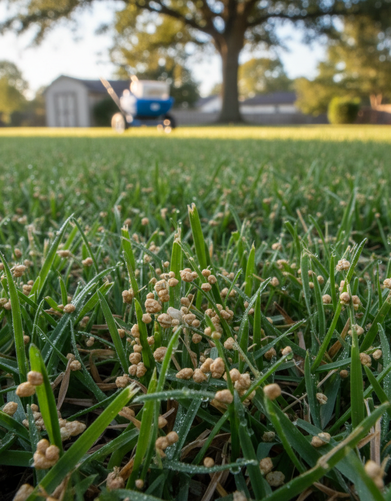 Healthy green grass after proper fertilizer application in a suburban lawn.