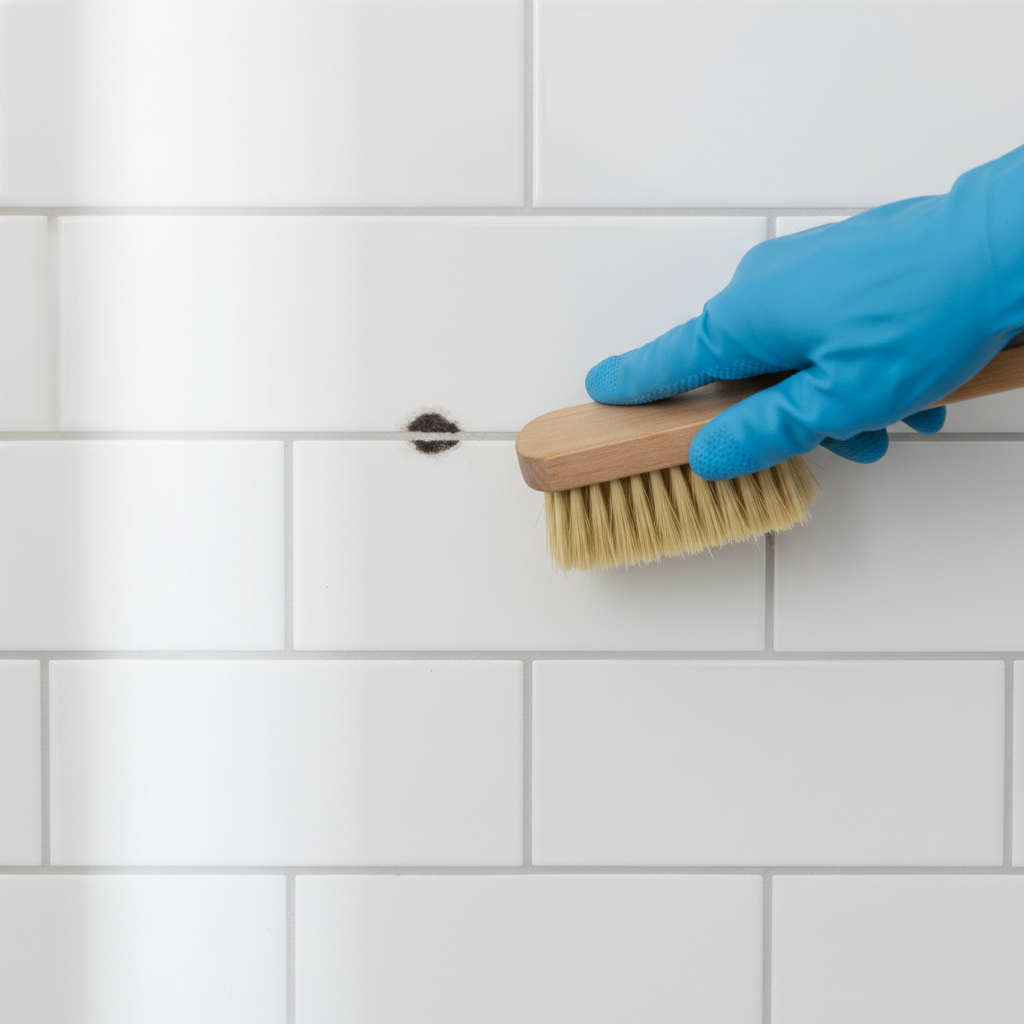 Close-up of shower grout with black mold, a gloved hand with a brush