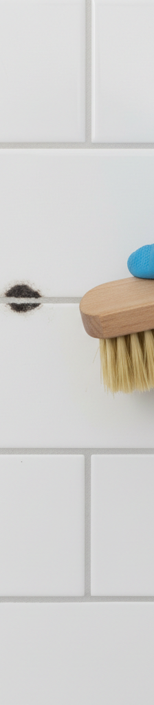 Close-up of shower grout with black mold, a gloved hand with a brush