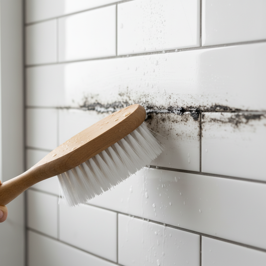 Close-up of a hand scrubbing black moldy grout between white bathroom tiles with a brush, showing before and after effect.