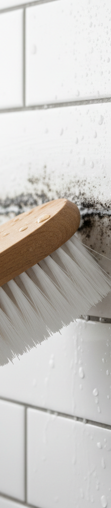 Close-up of a hand scrubbing black moldy grout between white bathroom tiles with a brush, showing before and after effect.