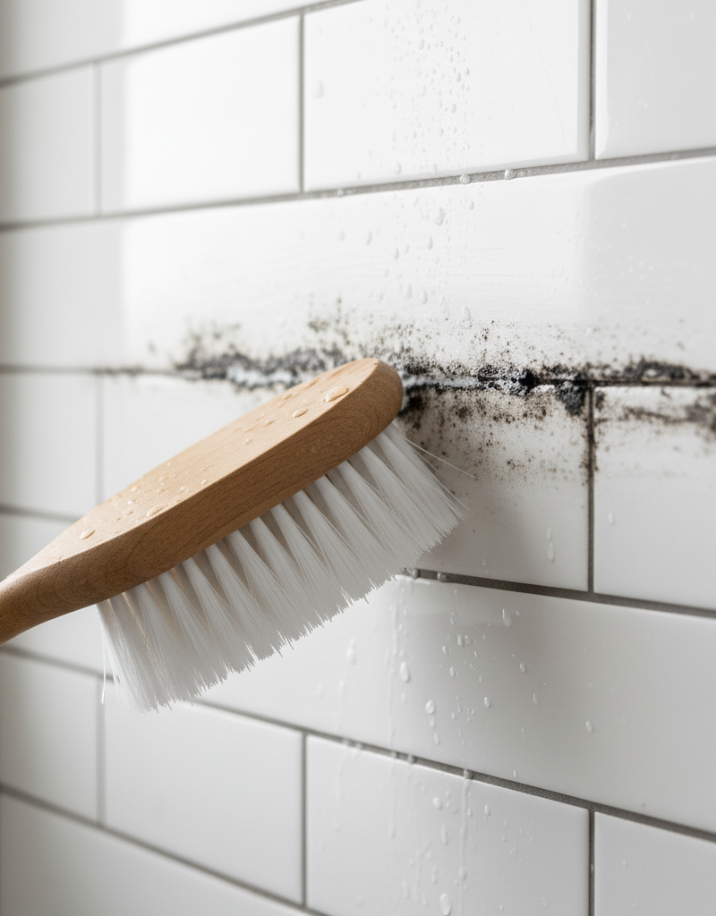 Close-up of a hand scrubbing black moldy grout between white bathroom tiles with a brush, showing before and after effect.