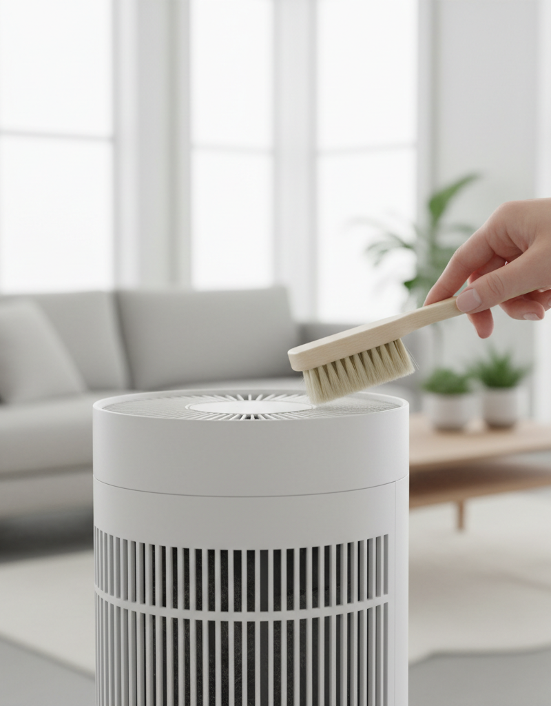 Person cleaning dust from the air intake vents at the base of a modern bladeless tower fan with a brush.