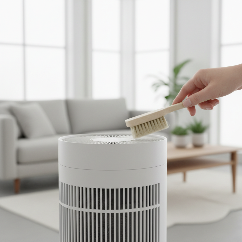 Person cleaning dust from the air intake vents at the base of a modern bladeless tower fan with a brush.