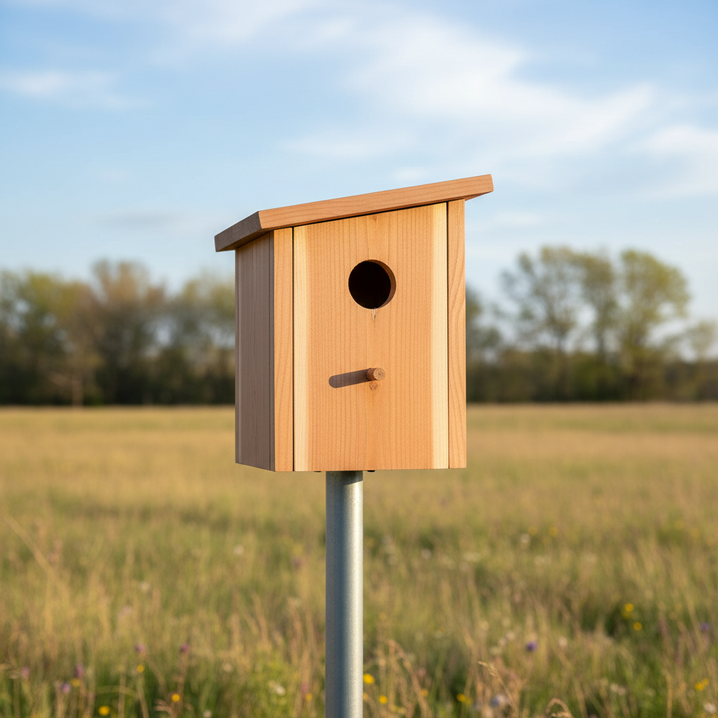 A perfectly built cedar bluebird house with a 1 1/2 inch entrance hole, mounted on a pole in a sunny field.